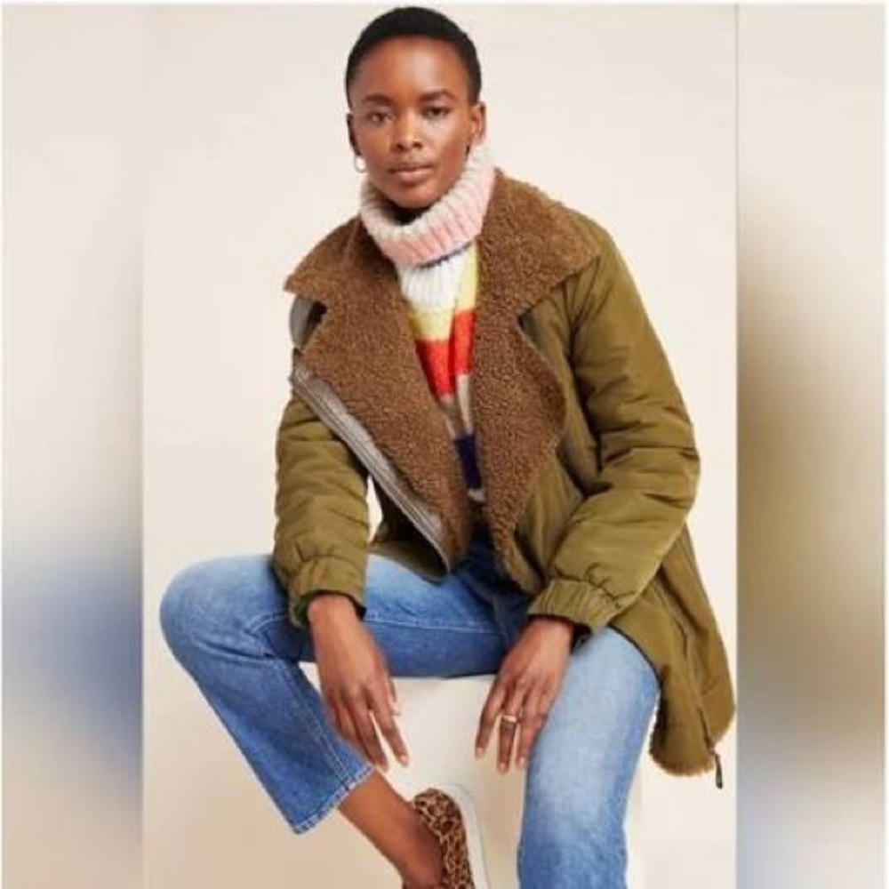 Anthropologie Olive Joni Aviator Jacket with Brown Sherpa Lining